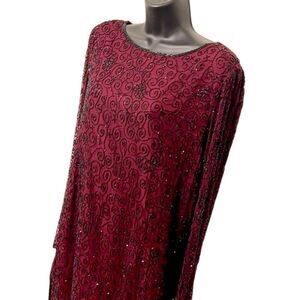 Whimsigoth Beaded Silk Papell Boutique Burgundy Evening Black Long Sleeve Top M